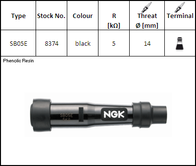 128374 PIPETTA CAPPUCCIO CANDELA NERA NGK SB05E - RESISTENZA 5 KΩ