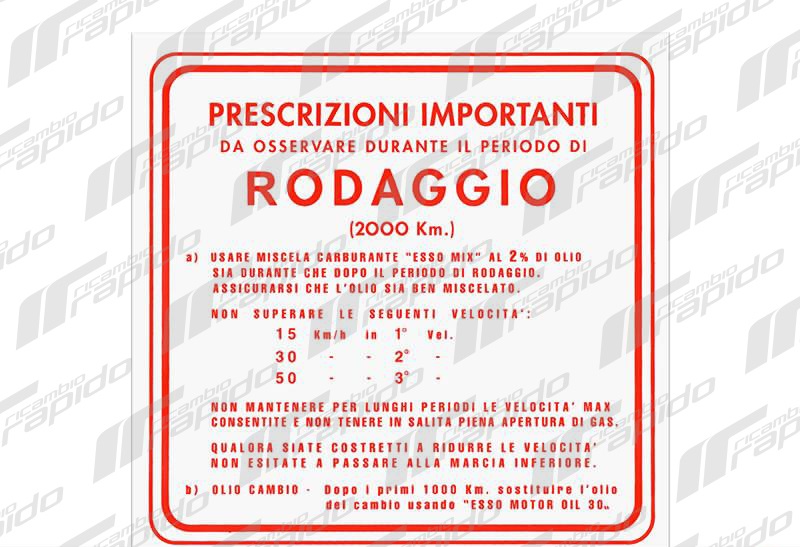 09401 targhetta adesivo adesiva adesivi rodaggio rossa rosso rossi per piaggio vespa 2% 3 marce