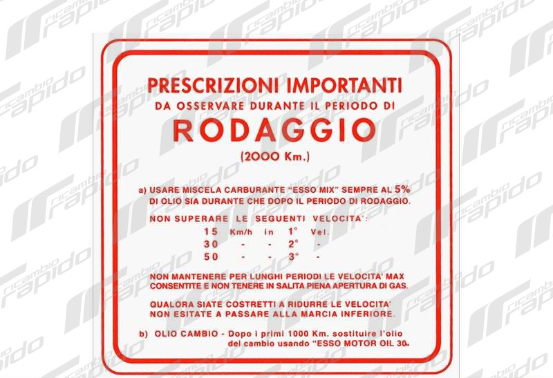 09402 targhetta adesivo adesiva adesivi rodaggio rossa rosso rossi per piaggio vespa 5% 3 marce