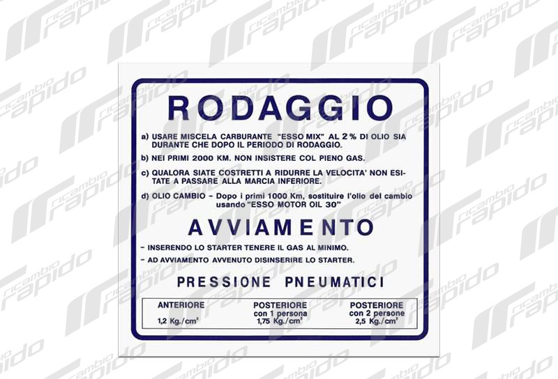 09403 targhetta adesivo adesiva adesivi rodaggio blu per piaggio vespa 2% rally 180-200