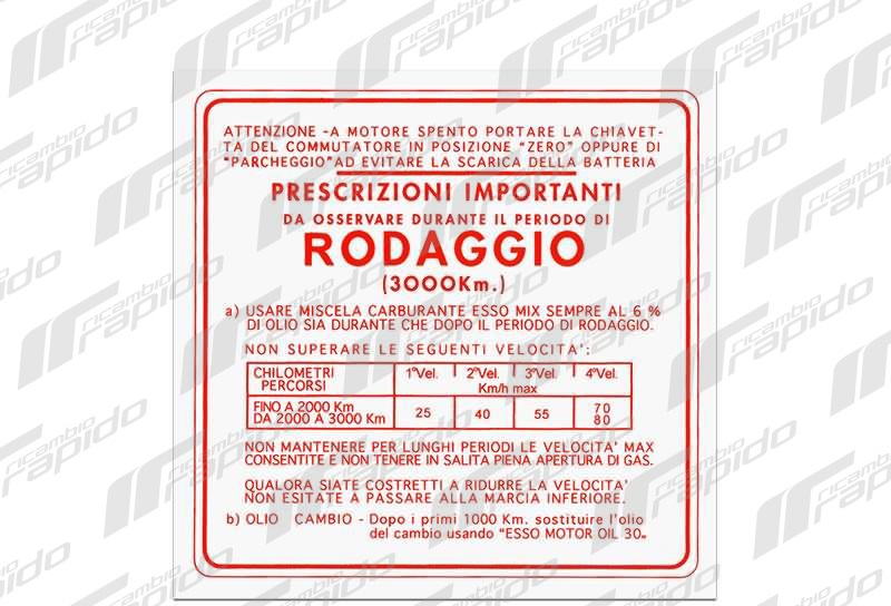 0940611 targhetta adesivo adesiva adesivi rodaggio rossa rosso rossi per piaggio vespa 6% 4 marce