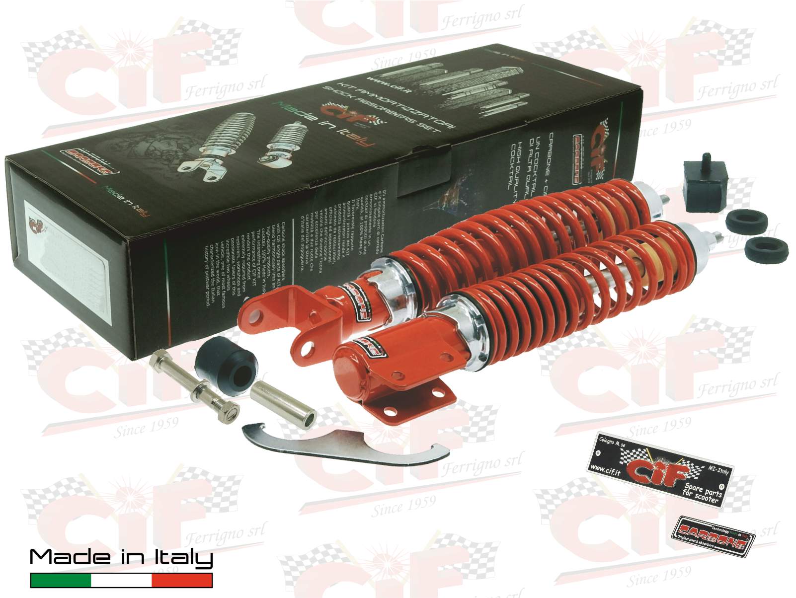 10726-kt kit coppia serie ammortizzatore ammortizzatori anteriore + posteriore carbone sport tuning rosso vespa px - pe - arcobaleno 125-150-200 (made in italy