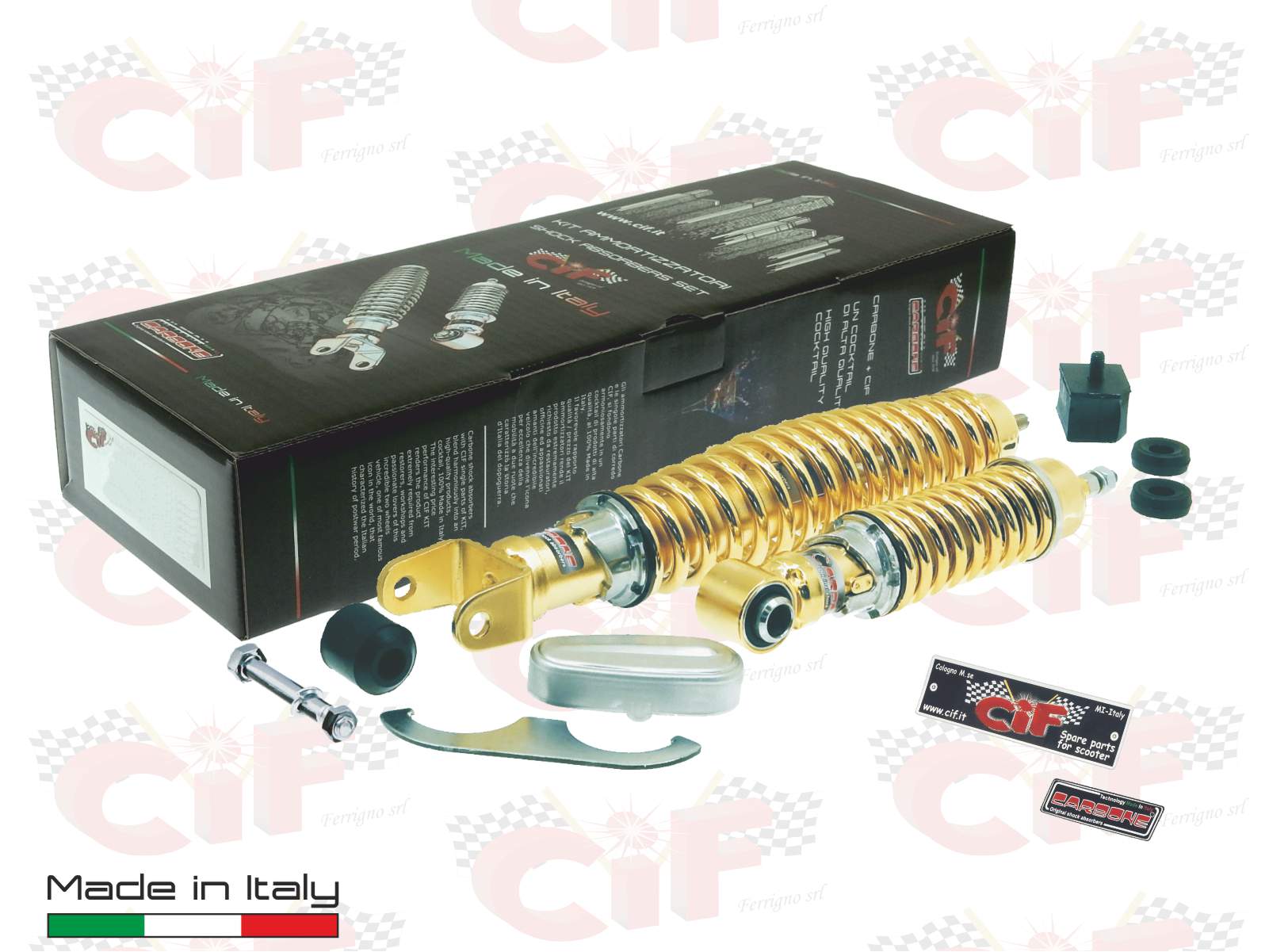 10706-kt kit coppia serie ammortizzatore ammortizzatori anteriore + posteriore carbone sport gold vespa 50 - 90 - 125 primavera - et3 (made in italy)