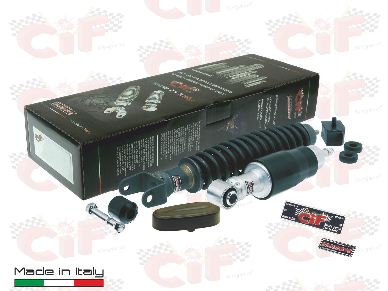 10708-kt kit coppia serie ammortizzatore ammortizzatori anteriore + posteriore carbone per restauratore vespa 50-90-125 primavera - et3 (made in italy)