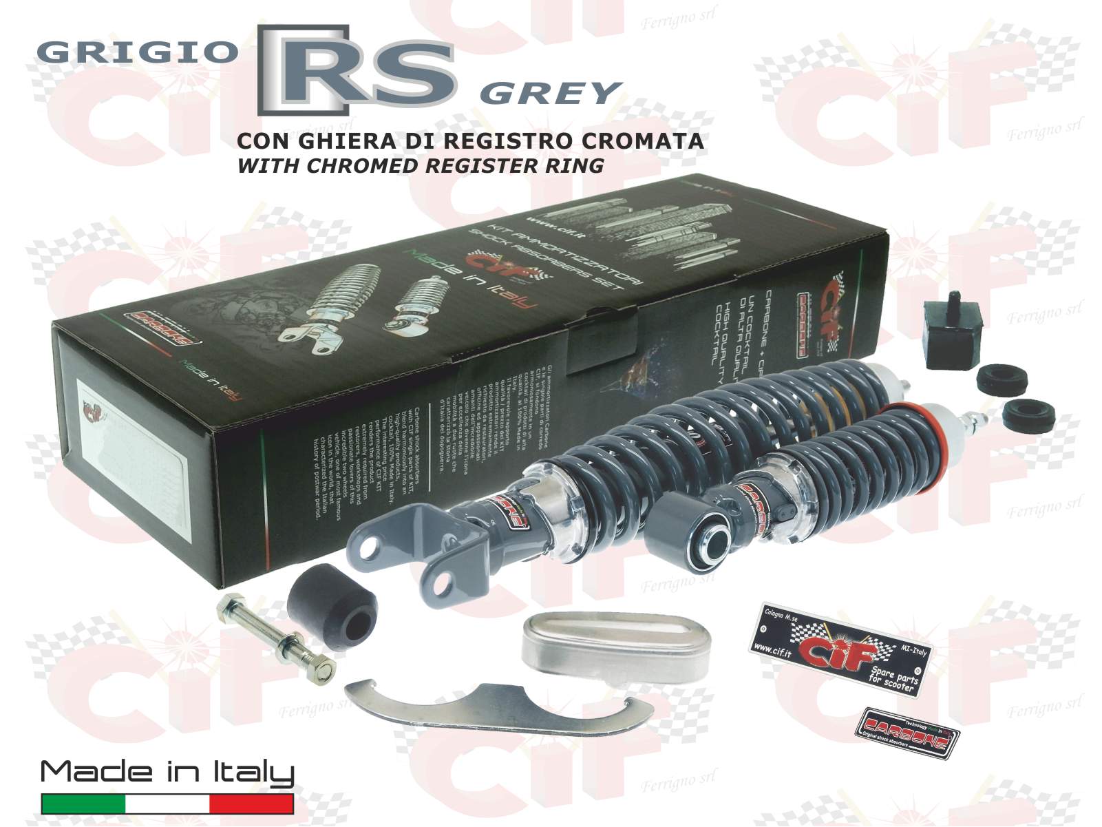 10740-kt kit coppia serie ammortizzatore ammortizzatori anteriore + posteriore carbone sport rs regolabile grigio vespa 50 - 90 - 125 primavera - et3 (made in italy)