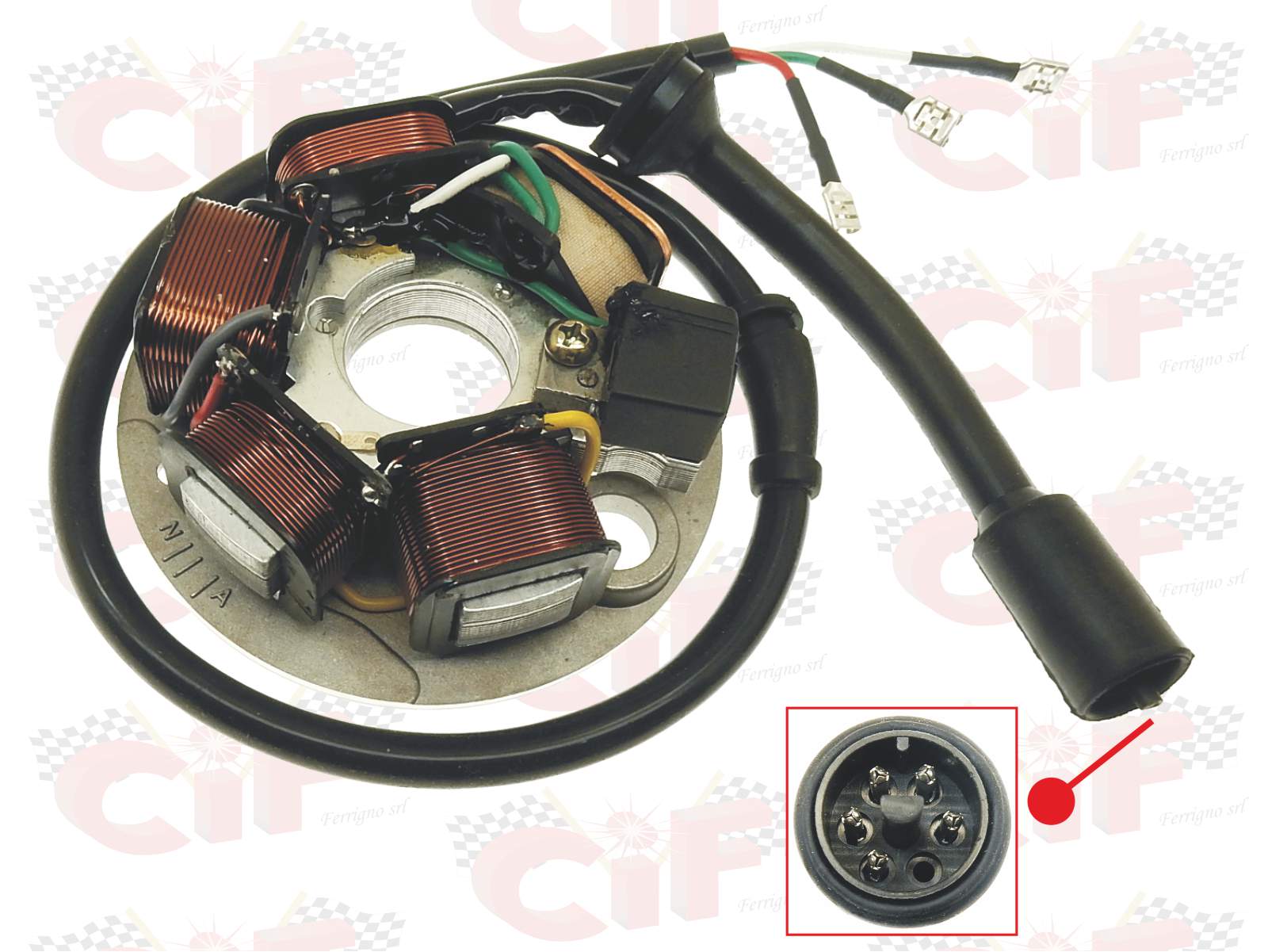 9161-e1 statore con piastra a 3 fili cif per piaggio ape 50 - vespa pk 50-125 con avviamento elettrico 