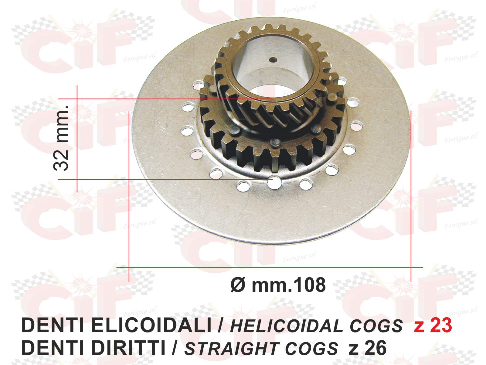 pignone frizione primaria 23/26 denti per vespa 200 rally/p200e/px200 e  diametro  108mm